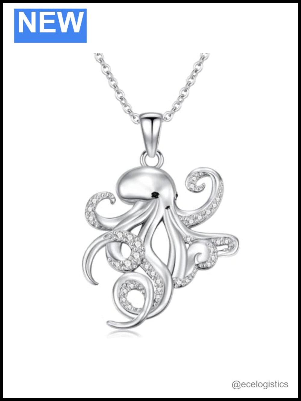 Sterling Silver Octopus Pendant Necklace with Zircon Inlay Adjustable Chain